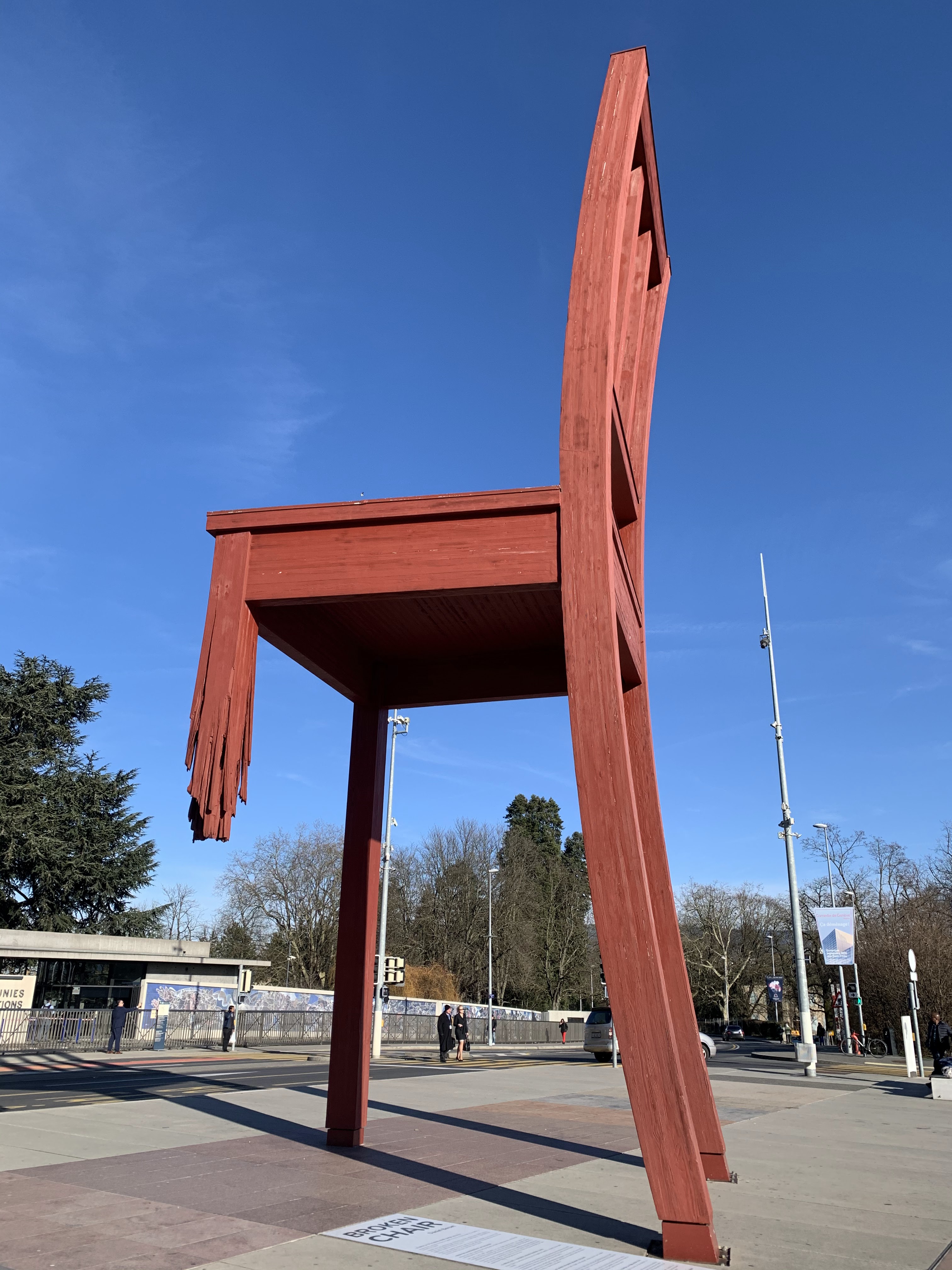 The 12-metre Broken Chair, a giant wooden three-legged chair on Place des Nations in Geneva